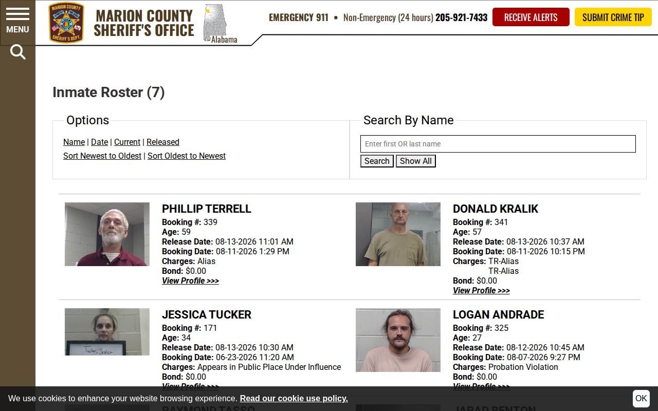 Marion County 48-hour release roster interface with booking records