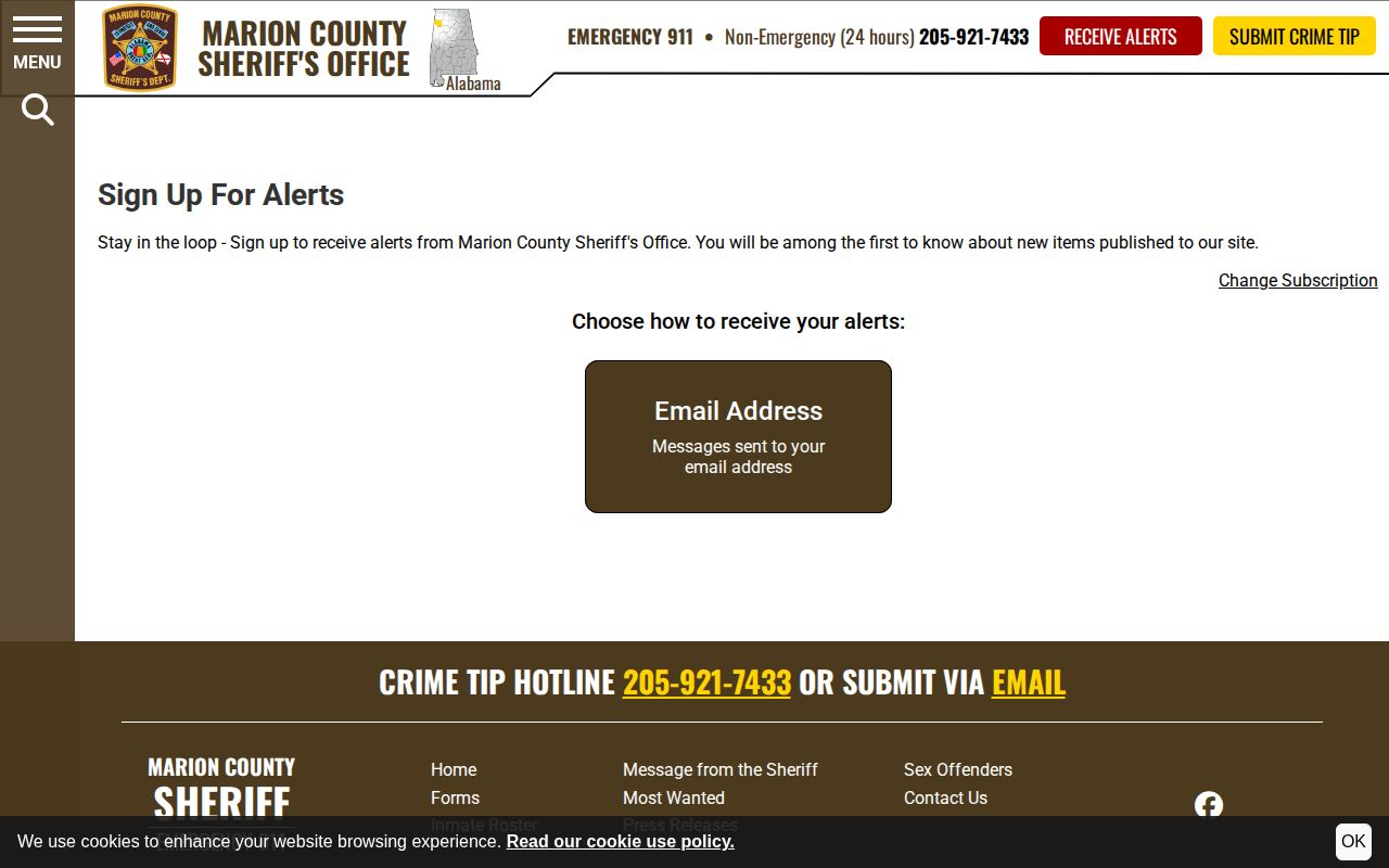 Marion County Sheriff's Office email alert signup for public notices