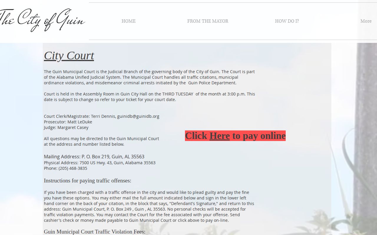 Guin Municipal Court page explaining the local court and bond path