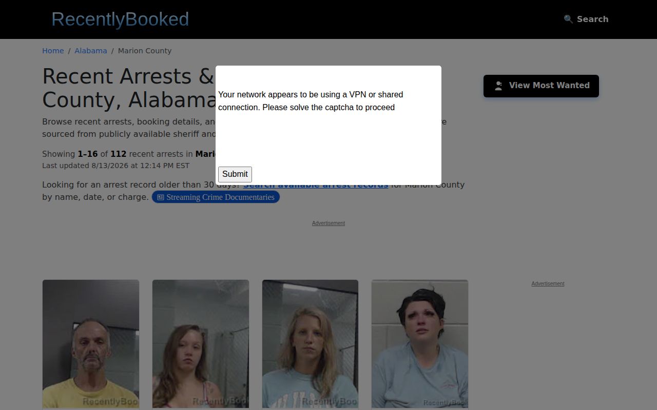 Unofficial Marion County recent booking archive landing page